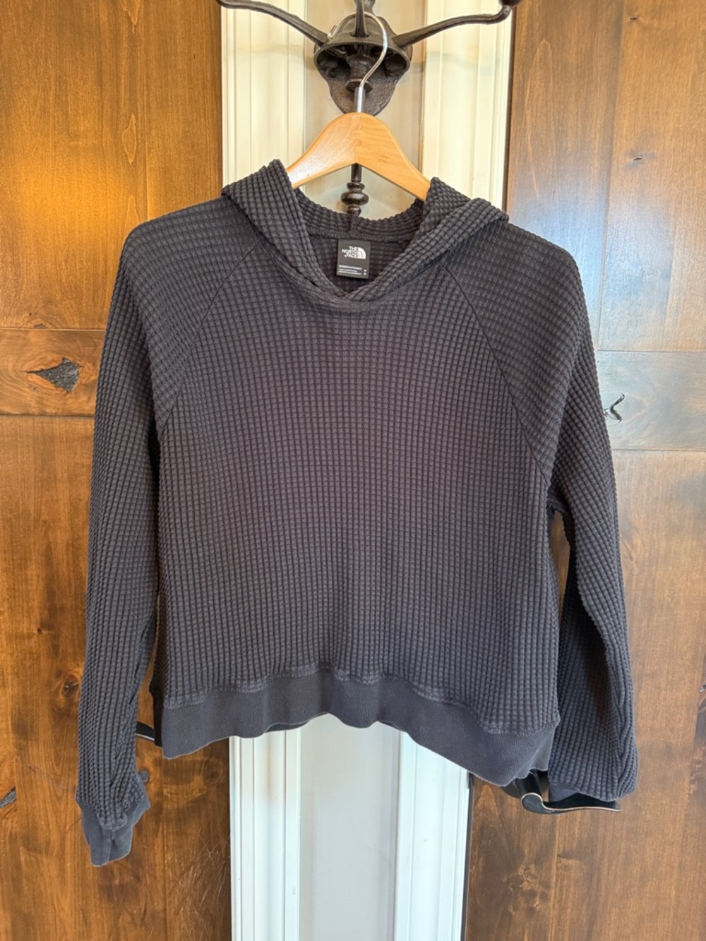 The North Face Black Waffle Knit Hooded Pullover Sweatshirt M